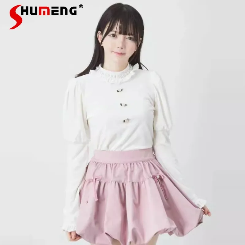 Japanese Lolita Sweet Autumn Winter Lotus Leaf Edge Warm White Bead Pullover Long Sleeves Slim Bottoming Shirt Velvet T-shirts