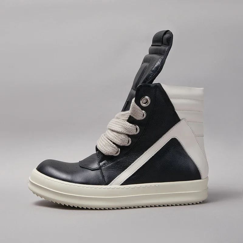 Brand casual men shoe high top quality Rowen women sneaker jumbo laces ankle boot geobasket black leather zip flat luxury shoe