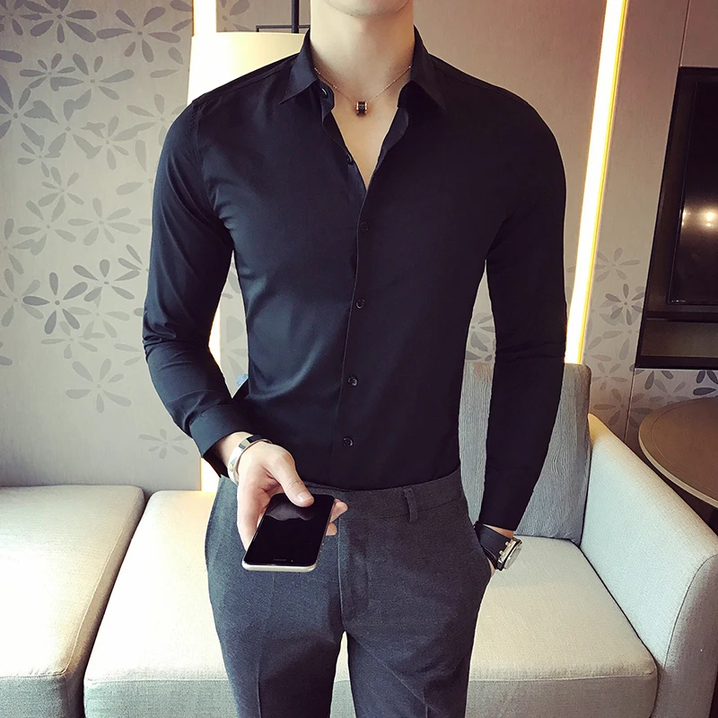 High Quality Men Dress Shirt 2024 New Arrival Long Sleeve Solid Business Slim Fit Shirts Fashion Casual Club Social Wear Homme