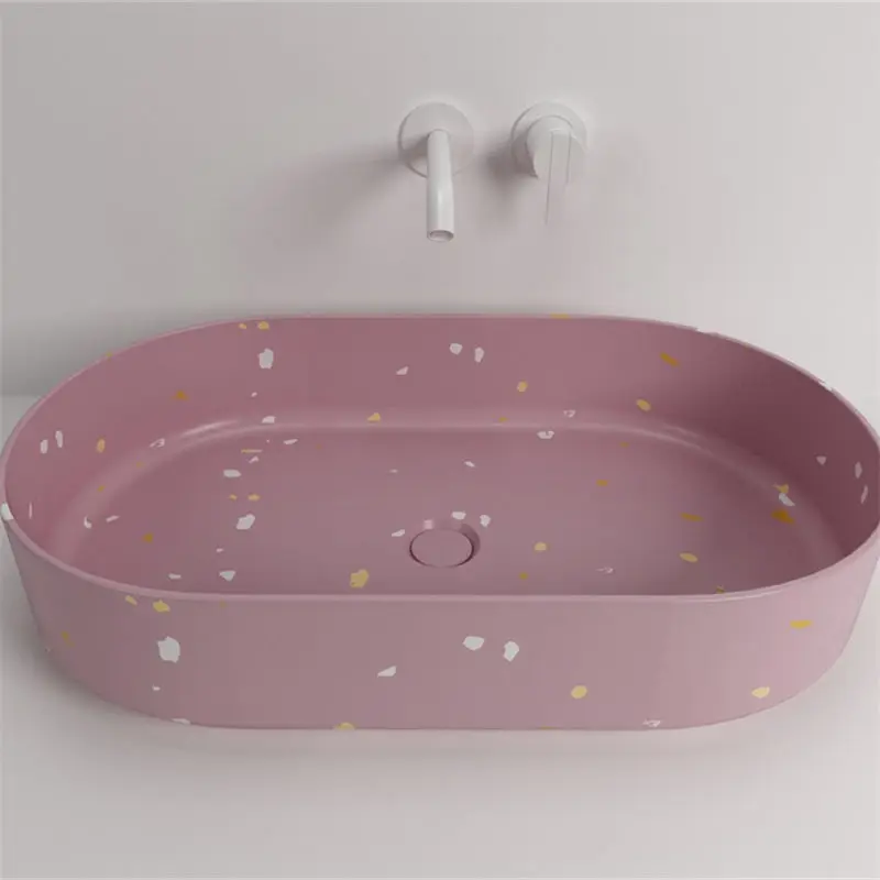 Custom new colorful furniture look terrazzo bathroom hand wash oval basin