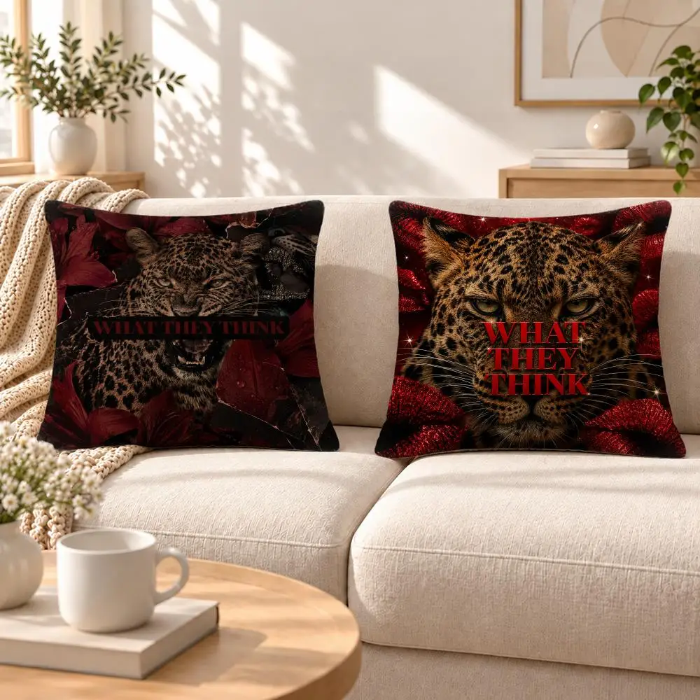 Art Wild Leopard Lip Print Cushion Cover Soft Short‑Plush Pillowcase, Decor for Sofa & Bedroom, Perfect Holiday Gif