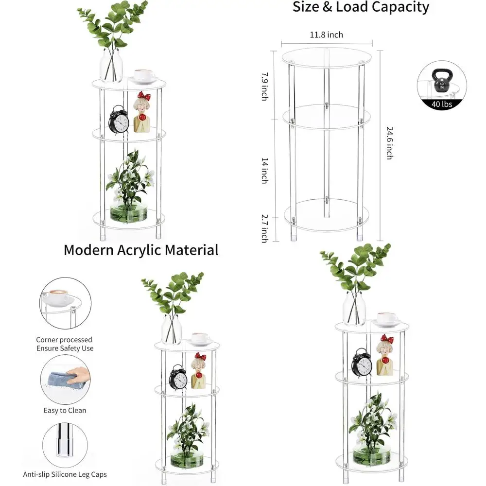 

Компактный 3-ярусный акриловый приставной столик, 11,81 x 11,81 x 24,6, современный минималистичный дизайн для небольших помещений