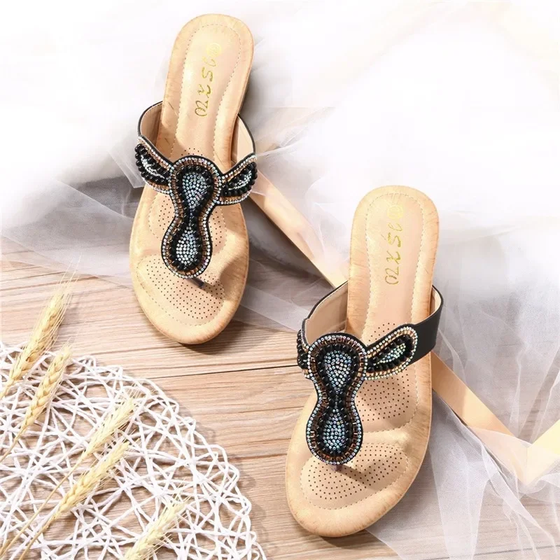 YAERNI slippers for women accessories non-slip flat crystal flipping comfortable laptop Joker beaded slippers toe casual shoes