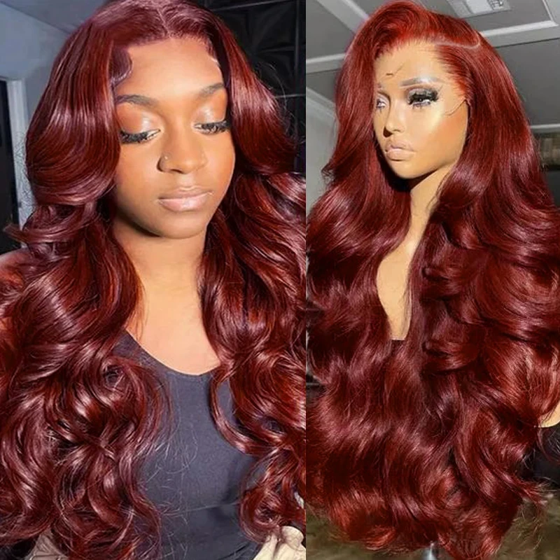 

Красно-коричневый парик с волнистыми прядями 13x4 HD Lace Frontal из натуральных волос, прозрачное цветное кружево, бразильские волосы N33 для женщин
