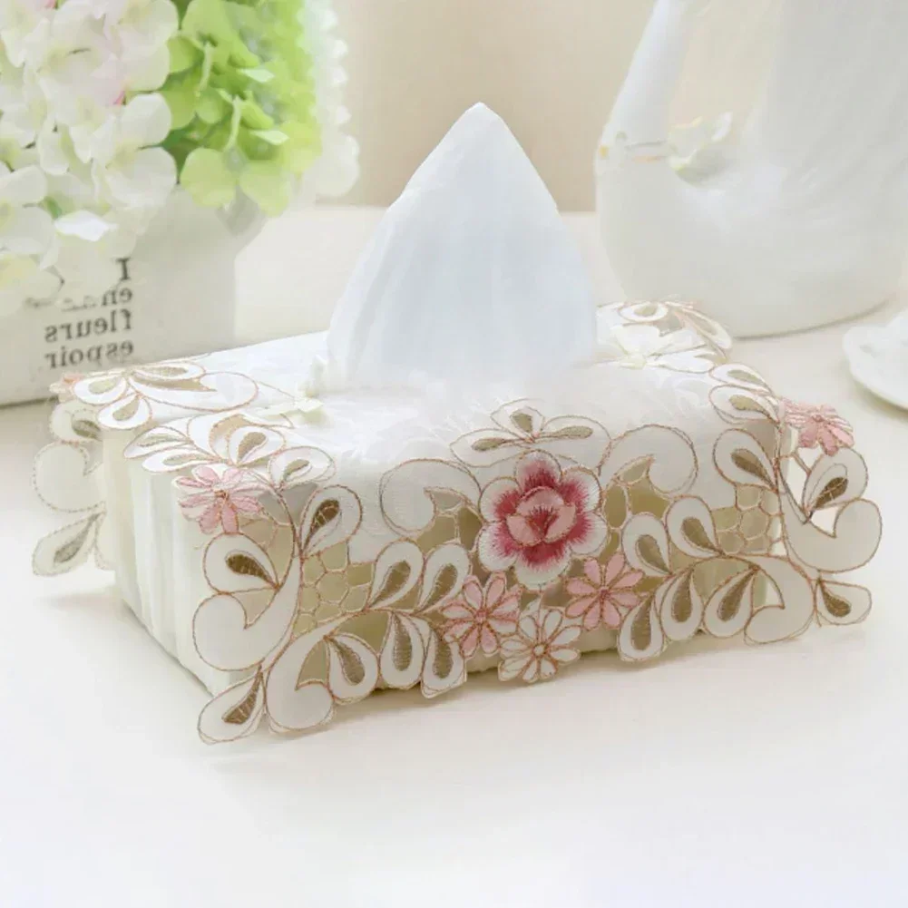 Exquisite Vintage Lace Fabric Tissue Box Cover European Style Embroidery Pastoral Style Embroidery Fabric Tissues Box Cover