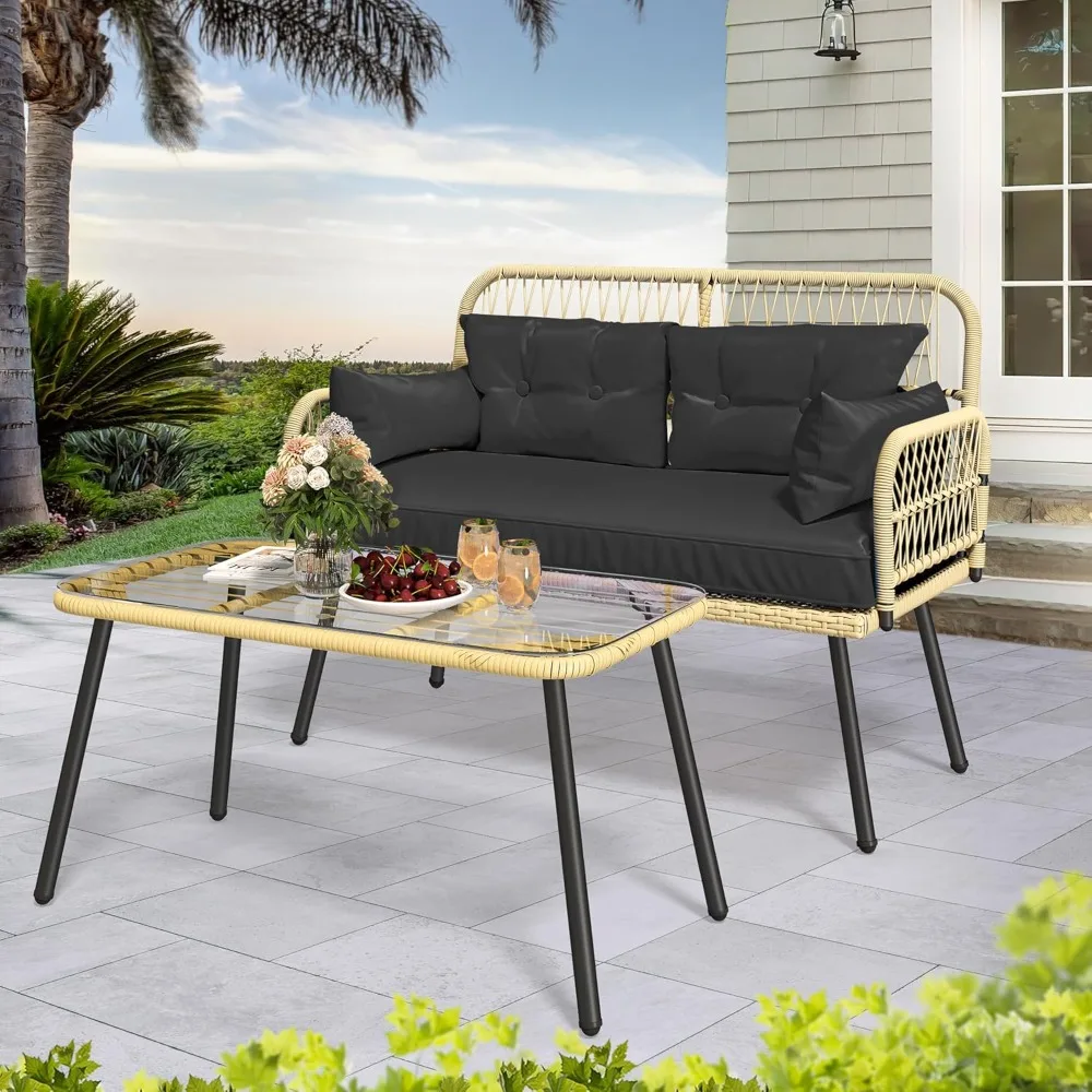 

2-Piece Patio Furniture Wicker Outdoor Loveseat, All-Weather Rattan Conversation for Backyard, Balcony and Deck with Soft Cushi