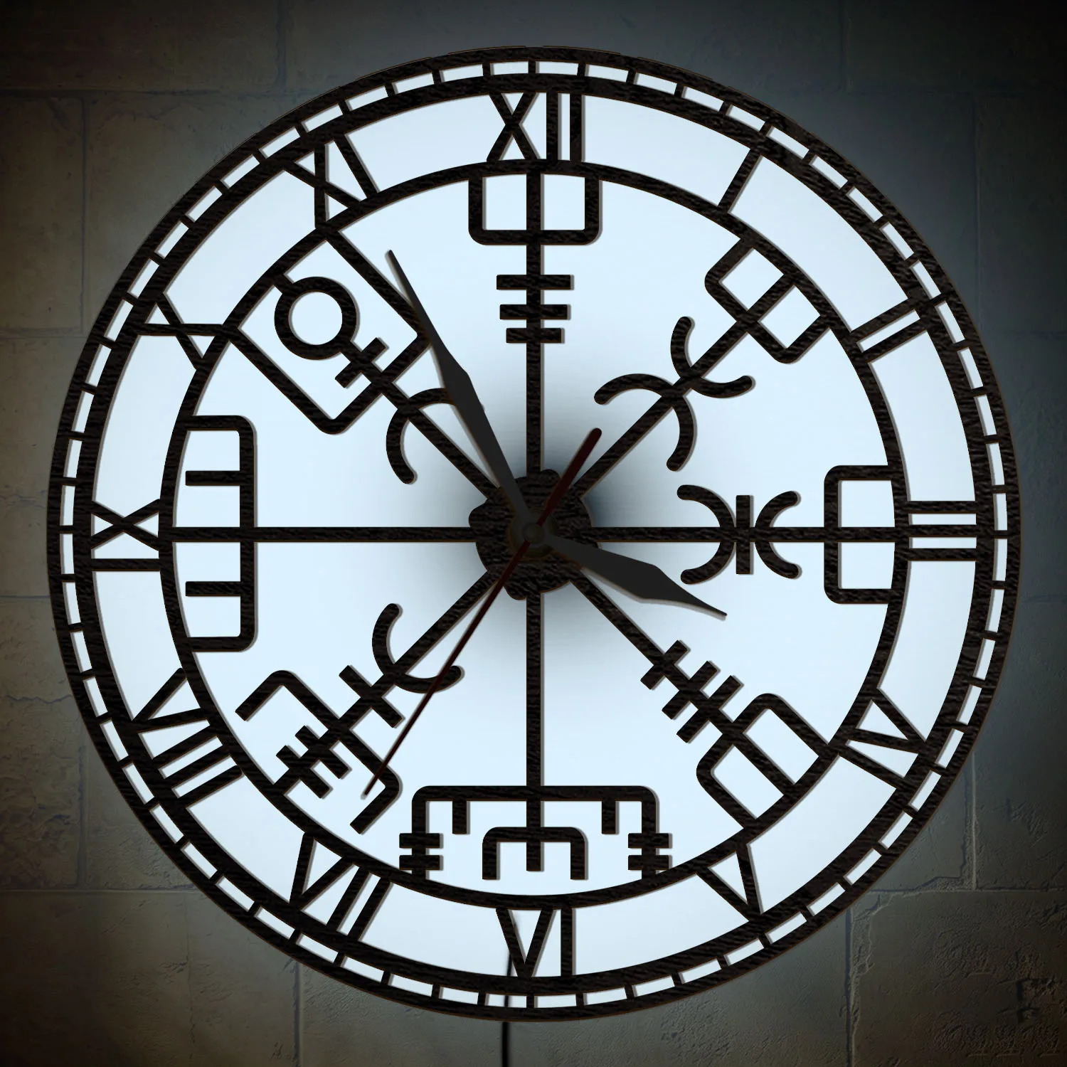 Vegvisir Viking Compass Glowing Night Light Wall Clock Rune Norse Nordic Symbol Illuminated Sign Luminous LED Backlit Wall Clock