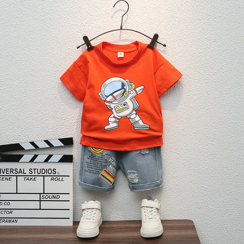 Children Sets Sale Price Boys' Suit Casual Short-sleeved T-shirt+ripped Jeans Astronaut Cartoon Print Two-piece Set