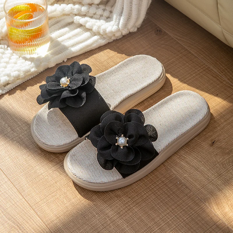 2023 spring and summer linen home indoor soft bottom candy color female four seasons fabric big flower sandals and slippers