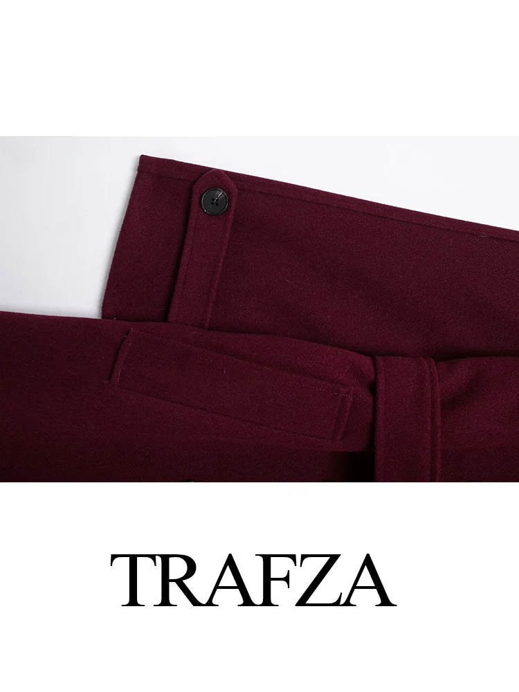 TRAFZA 2024 Women Wine Red Tweed Coat With Belt Turn-Down Collar Long Sleeve Pocket Double Breasted Female High Street Outerwear