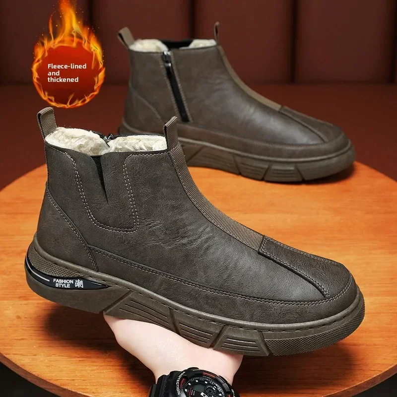 Thick Plush Anti Slip Winter Shoes Snow Boots for Men Booties with Fur New Man Ankle Platform Sneaker Waterproof Leather Shoes