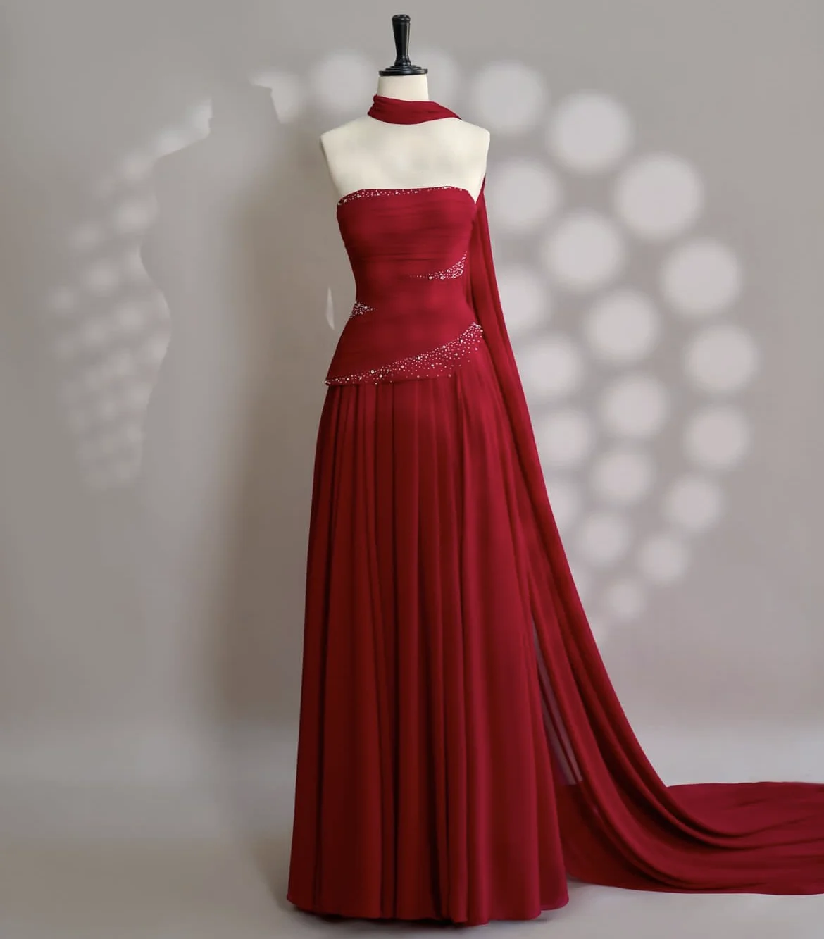 Stunning Red Evening Dress with Big Wrap Yellow, Red, Light Sky Blue Chiffon Prom Gowns Exposed Boning Top with Beads