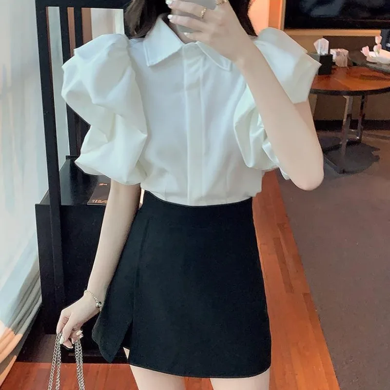 Vintage French Style Lapel Shirts Summer Spliced Pleated Single-breasted Chic Puff Sleeve Solid Color Women's Clothing Blouses