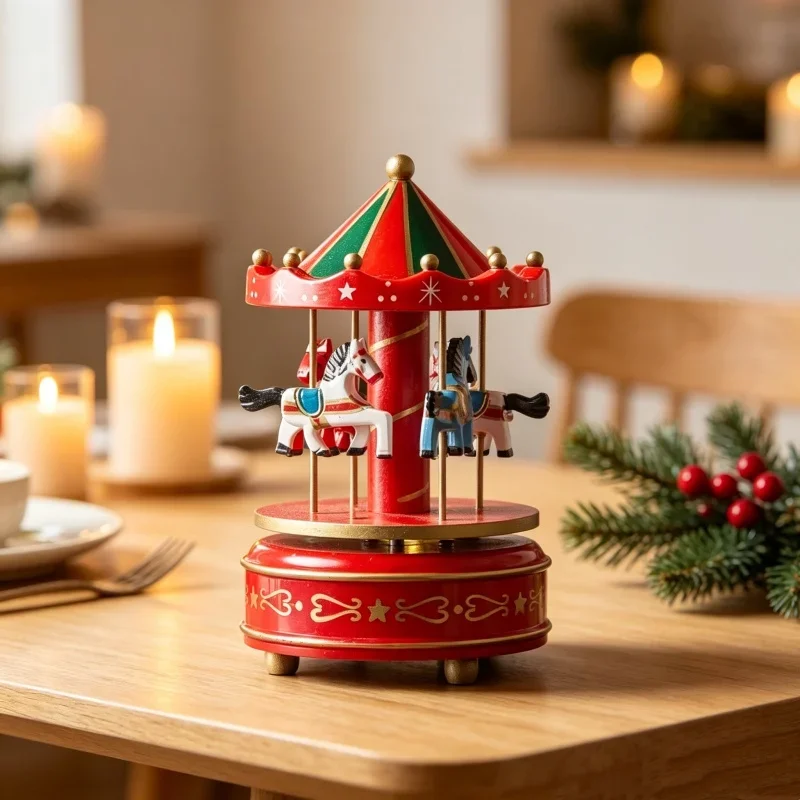 Wooden Rotating Carousel Music Box Octave Movement Desktop Ornament For Christmas New Year Indoor Home Table Scene Decoration