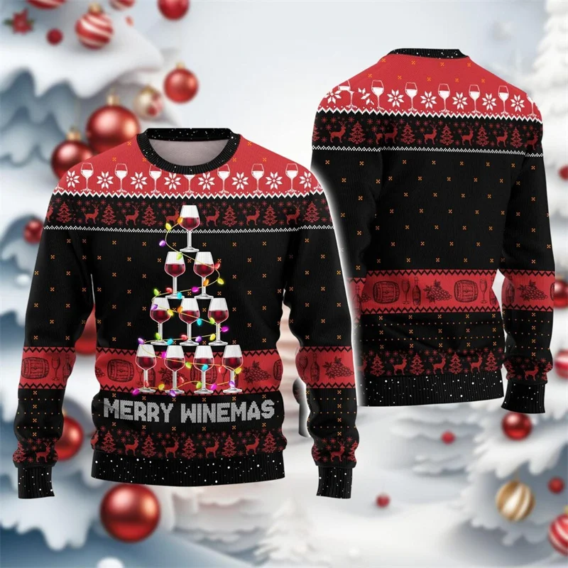 Humour Design Ugly Christmas Sweater Unisex Wine Glass Christmas Tree Print Graphic Sweatshirt Festival Clothing Xmas Sweatshirt