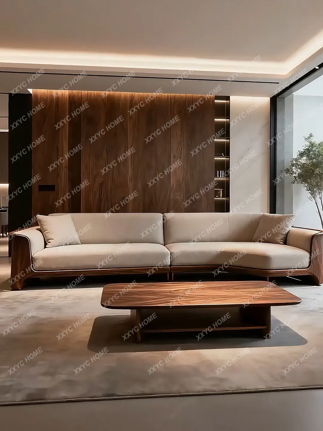 Sofa combination villa living room modern light luxury solid wood fabric straight row sofa