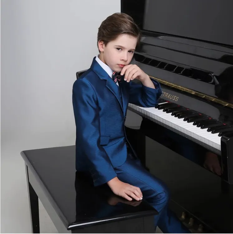 Children Shining Blue Piano Suit Kids Photograph Tuxedo Teenager Graduation Birthday Costume Flower Boys Wedding Dress Prince