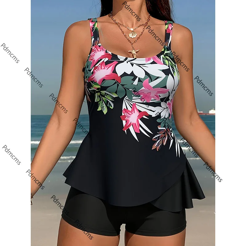 

2025 new European and American suspender print split swimsuit women's beach flat angle conservative bikini hot spring swimsuit