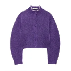 Vintage Sweet Purple Color Stand Collar Long Sleeves Single Breasted Short Women Easy Match Knit Jacket Coat ZATAF 2024 New