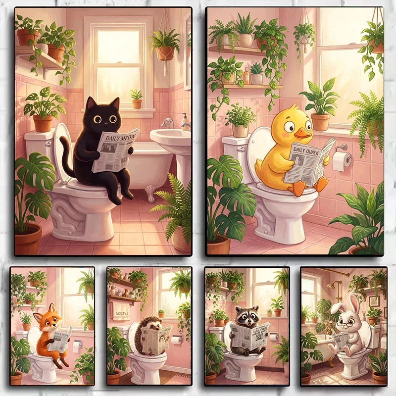 Funny Bathroom Black Cat Canvas Poster Retro Animal Toilet Wall Art Prints for Modern Living Room Bedroom Bathroom Home