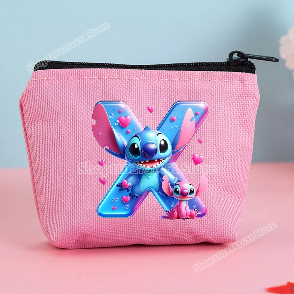 Lilo & Stitch Letter A-Z Print Pink Mini Wallet Canvas Coin Purse for Girls Cute Cartoon Disney Stitch Card Holder Money Pouch