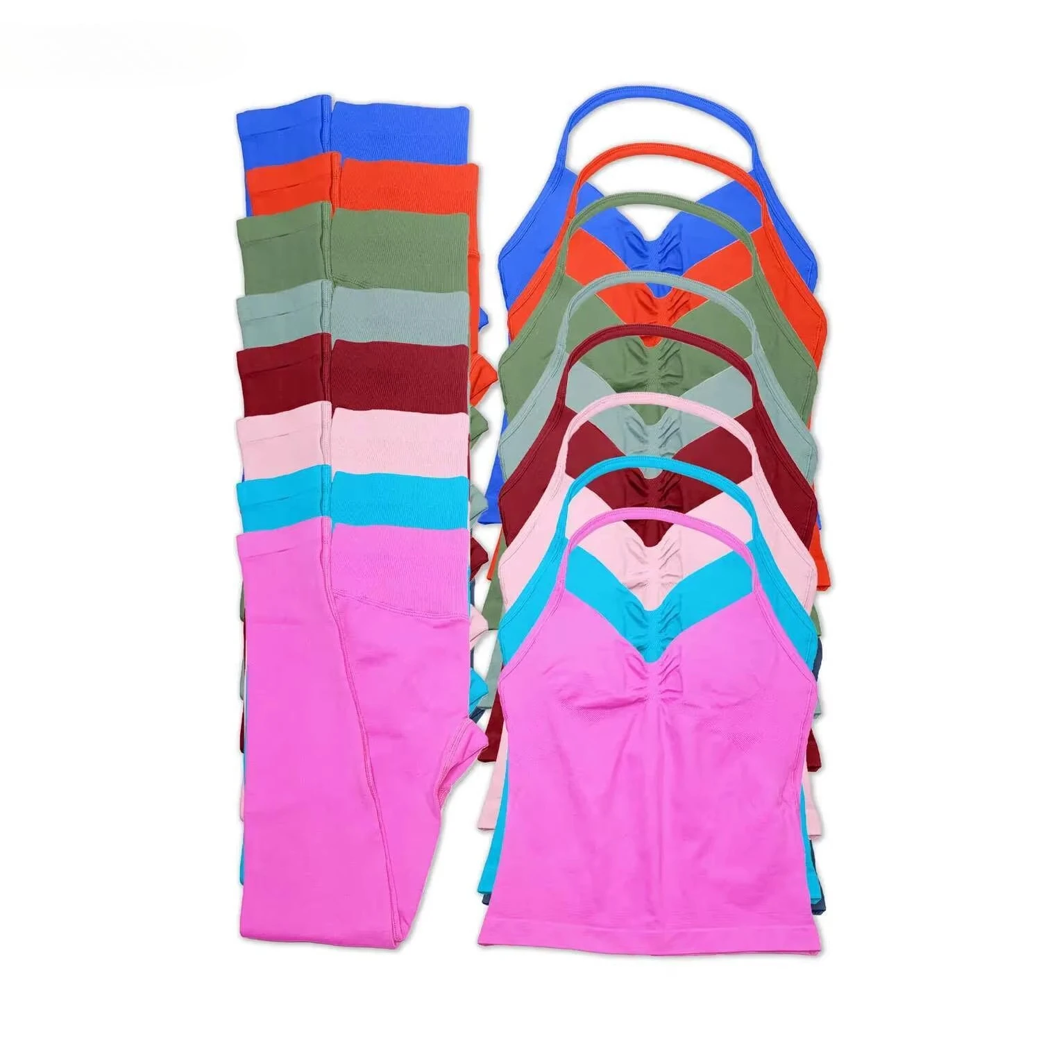 2 قطعة مجموعة اليوغا طماق وLongline Strappy سترة ضد المقاومة تجريب اللياقة البدنية نفس اللون النساء سلس السراويل سترة الرياضة مجموعة