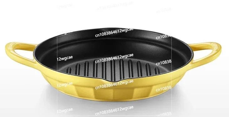 Cast iron pan for frying steak, round striped black enamel non stick pan for grilling meat