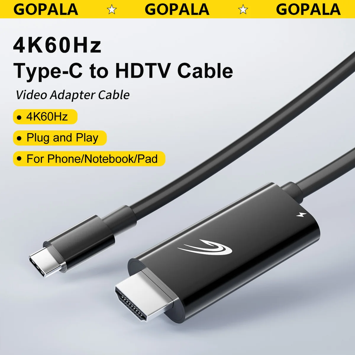 Gopala USB-C to HDTV (Display) Cable Adapter (Thunderbolt 3 Compatible) 4K@60Hz with 100W PD Power Delivery 4.9ft Black