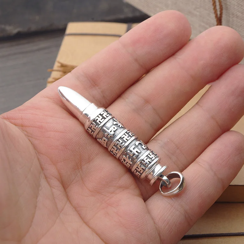 New in silver 925 Ethnic Style Embossed design Six Word Mantra Pendant cylindrical glossy Men\'s necklaces Simplicity  Jewelry