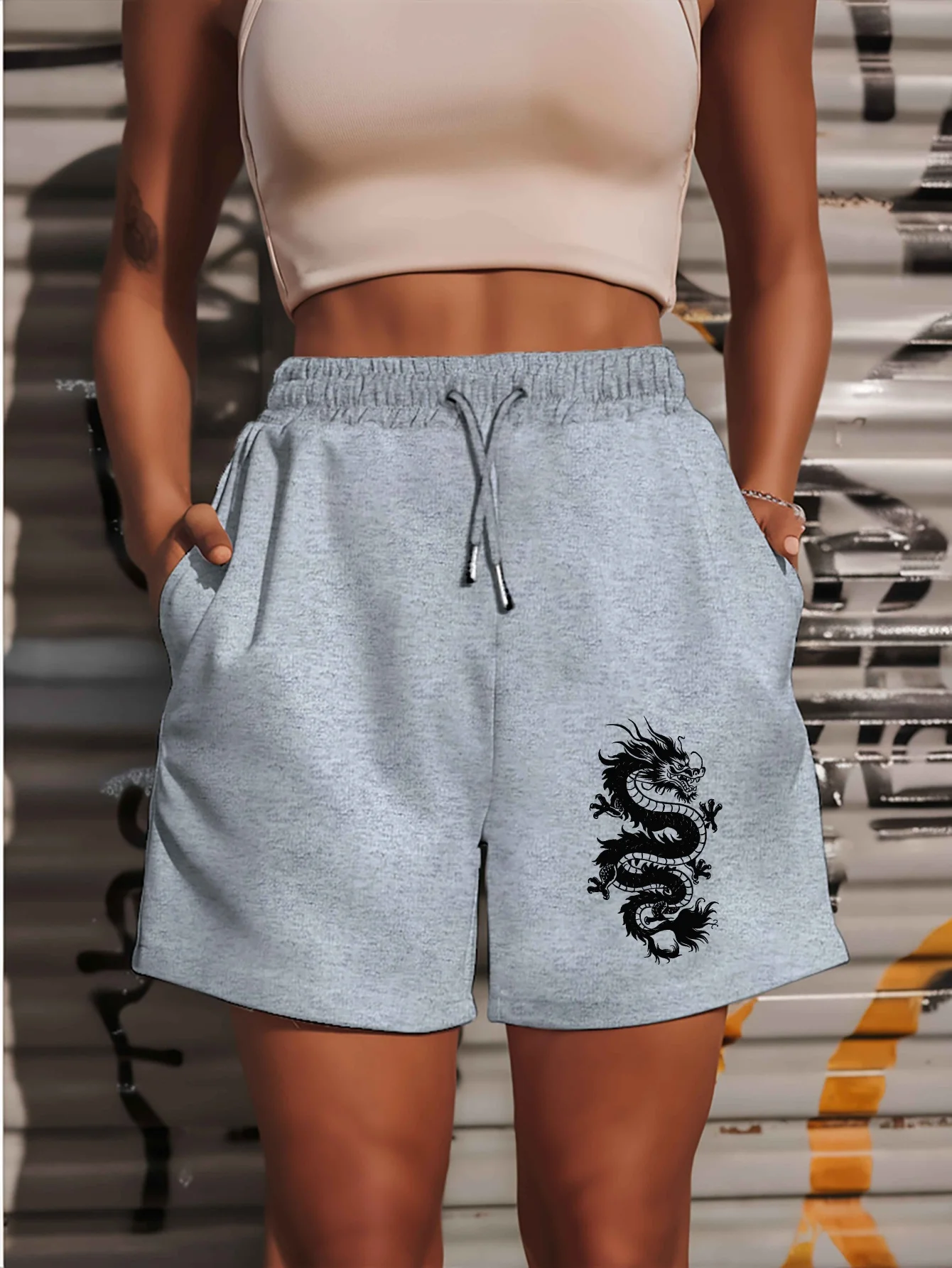 Women's Summer Dragon Print Shorts Elastic Waistband Sweat-wicking and Breathable Suitable for Sports Running and Fitness
