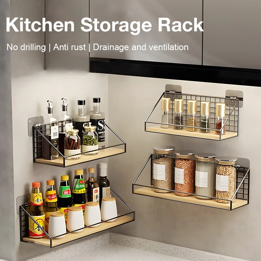 No Drilling Kitchen Spice Rack Wall Mounted Spice Organizer with Hook Shelf for Kitchen Cabinet Pantry Organizer Storage Rack