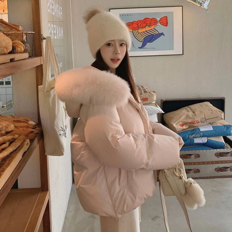 Women Hooded Padded Coat with Big Faux Fox Fur Collar Korean Loose Short Cotton Jacket Winter Thick Warm Casual Outerwear