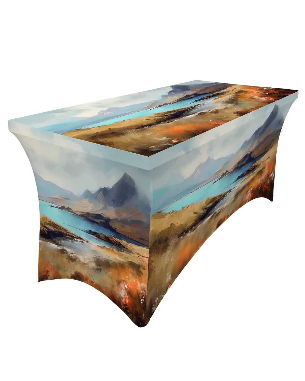 Mountains Clouds Stones Oil Painting Elastic Table Skirt Wedding Birthday Table Decoration Table Skirt Tablecloth for Party