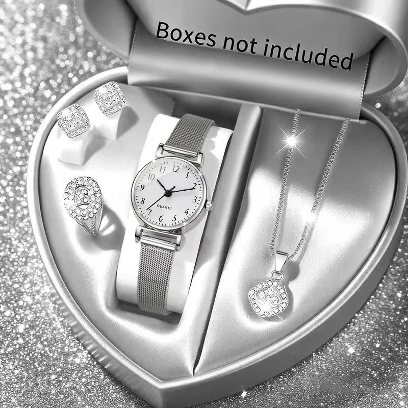 5PCS Fashion Arabic Dial Women Quartz Watch Rhinestone Jewelry Set Silvery Mesh Band Wristwatches Reloj MujerWithout Box
