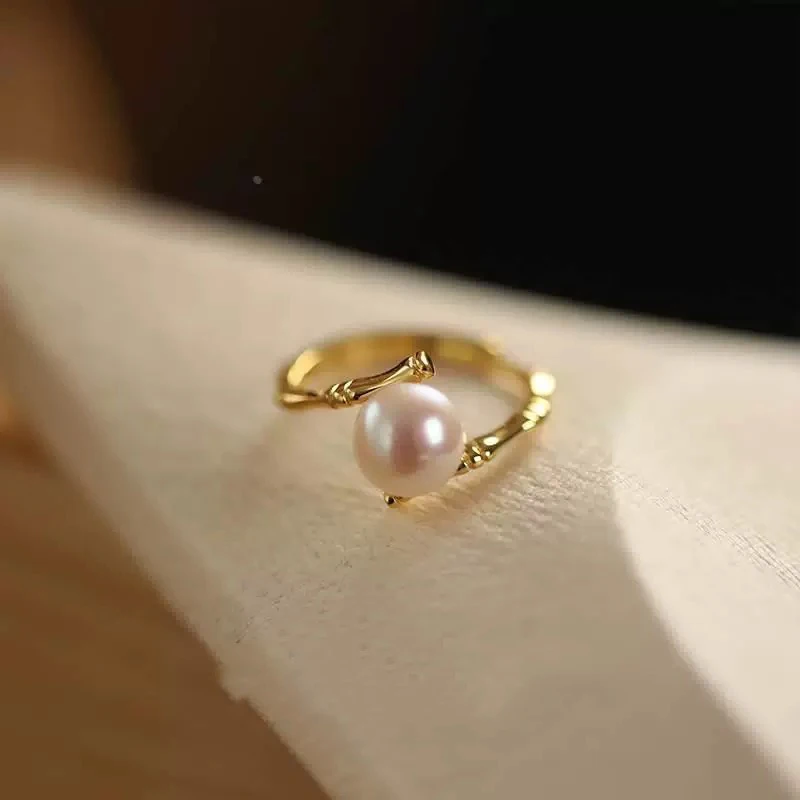 Foxanry Gold Color Pearl Bamboo Cuff Rings For Women Girls Fashion Creative Elegant Sweet Exquisite Wedding Bride Jewelry Gifts