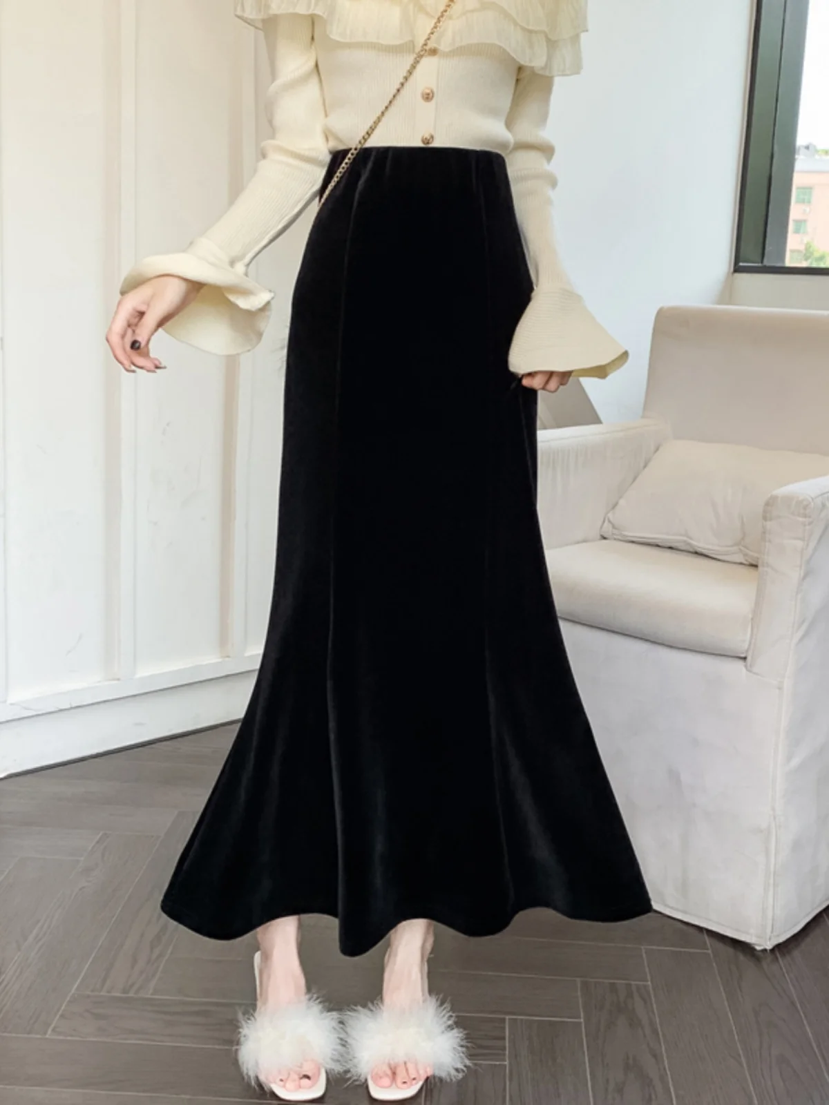 

Ele Bla Velvet A-Line Long Skirt Women's Autumn Winter Slim Fit Ankle-Length Fi Tail f-length Skirt High Waist
