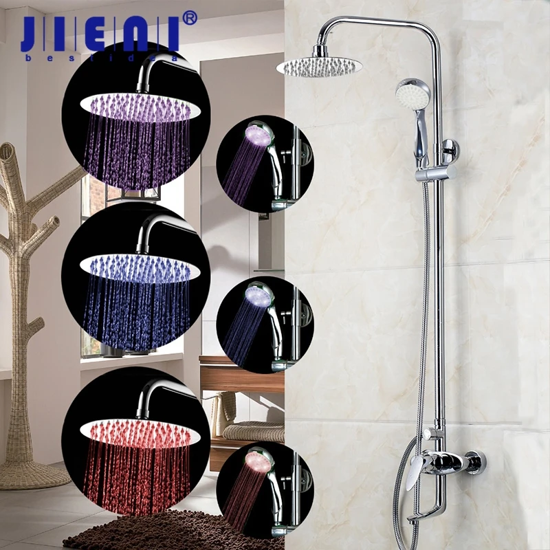 

LED Wall Mounted Bathroom Rain Chrome Shower Set With 8" Super Thin Light head Shower Set Faucets LED Shower Hand