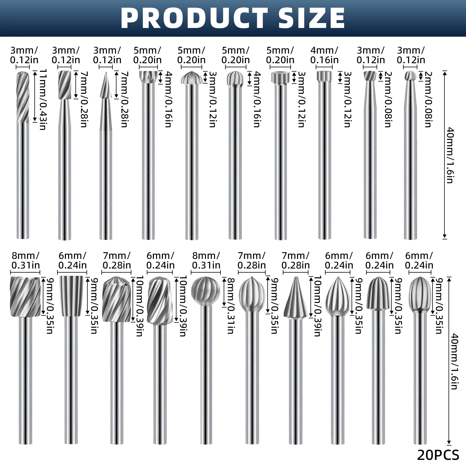 20PCS Rotary Drill Bit and Burr Set, 1/8