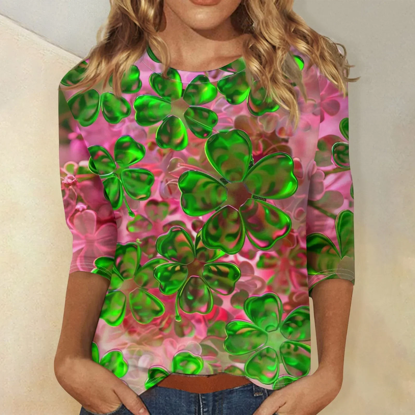 Women St.Patrick's Day Tops 3/4 Sleeve Shirts Print Graphic Tees Blouses Casual Plus Size Basic Tops Pullover y2k ropa de mujer