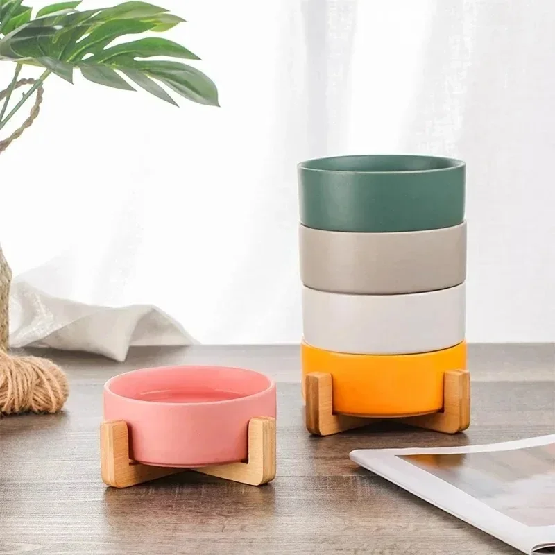 Wooden Stand Elevated Dual Ceramic Bowls for Small Pets - Spill-Proof Food and Water Dish for Cats and Dogs view 2