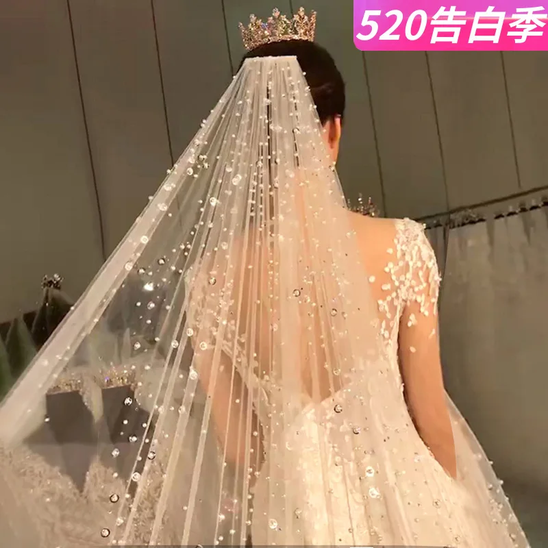 Pearl rhinestone veil super long bridal shiny veil photo Mori dream travel veil