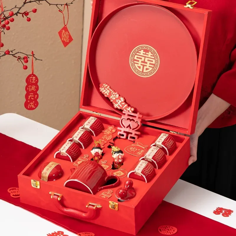 Dowry supplies set Bride change mouth tea cup lift beam teapot tray wedding celebration kung fu tea set gift box