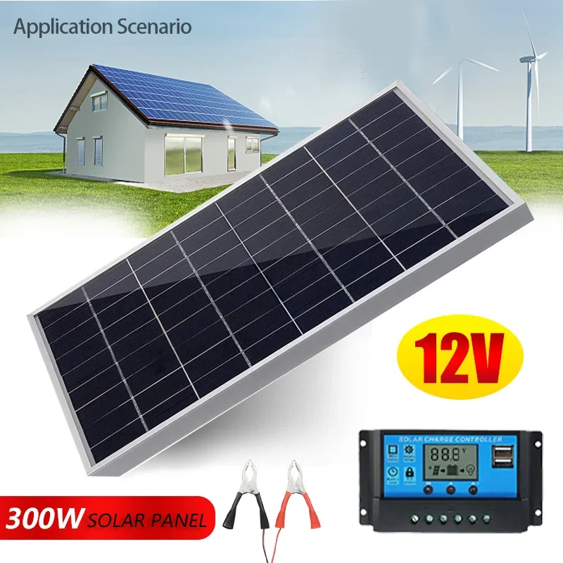 12V 300W Solar Panel Kit Complete Polycrystalline USB Power Portable Outdoor Rechargeable Solar Cell Solar Generator for Home