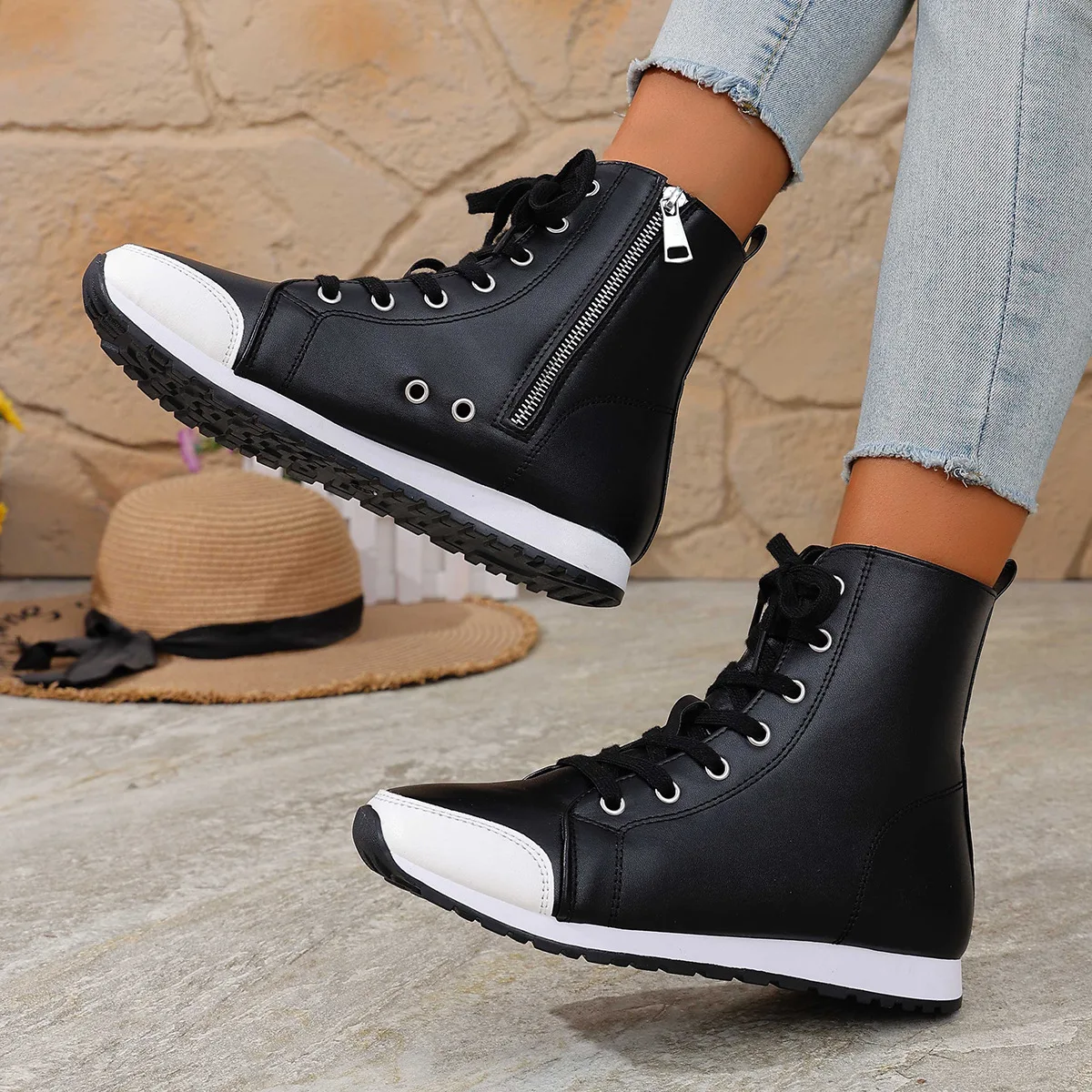 

Wide Width Women's Boots 2025 Fashion Ankle Booties Side Zip Flat Heel Black Breathable for Autumn Comfortable Walking Shoes​​