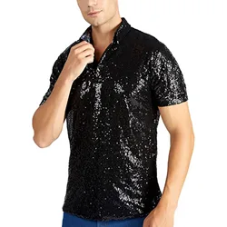 Sequins Men's Polo Collar Shirts Short Sleeve Turn Down Shiny Dj Club Dress Shirt Shirt Male Party Wear Solid Shirts Clothes