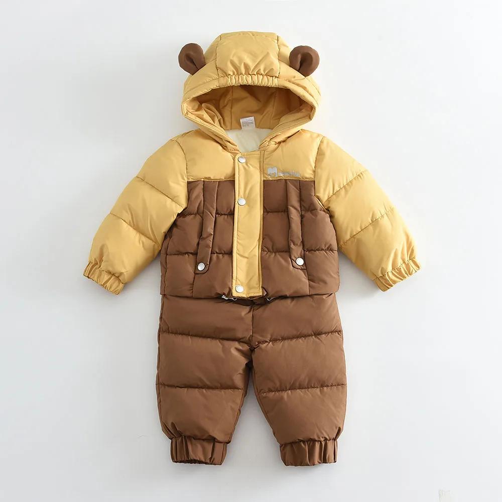 YBFSKID Winter Padded Warm Baby 2PCS Jumpsuit Thicken Fleece Detachable Kid Boy Crawling Suit Spliced Parkas Striped Pant Outfit