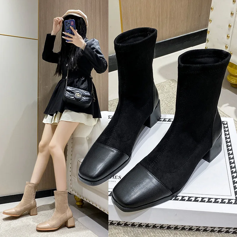 

High heeled boots autumn and winter new Korean version fashionable square toe short boots with suede patchwork for women