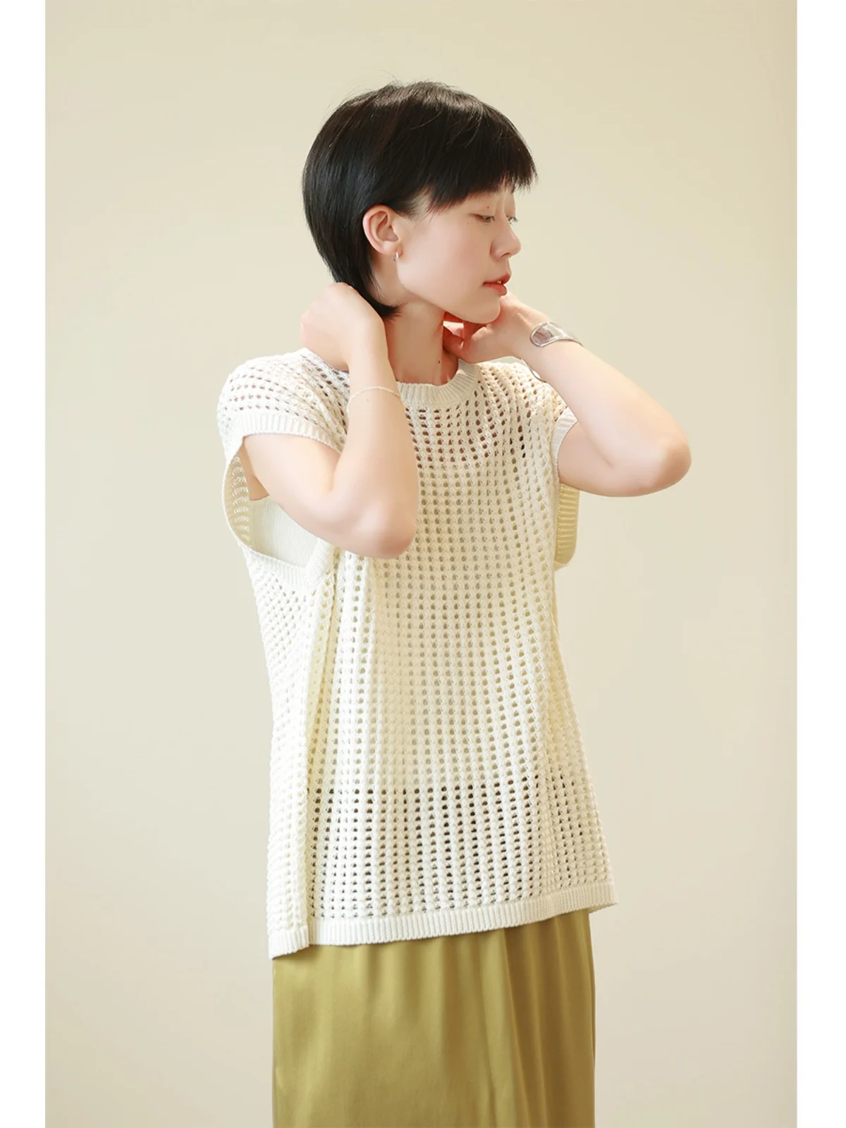 

Linen Cotton Knitted Top Women's Summer New Sle Hollow out ort Sve Cover up irt Casual Loose Fit Basic Color