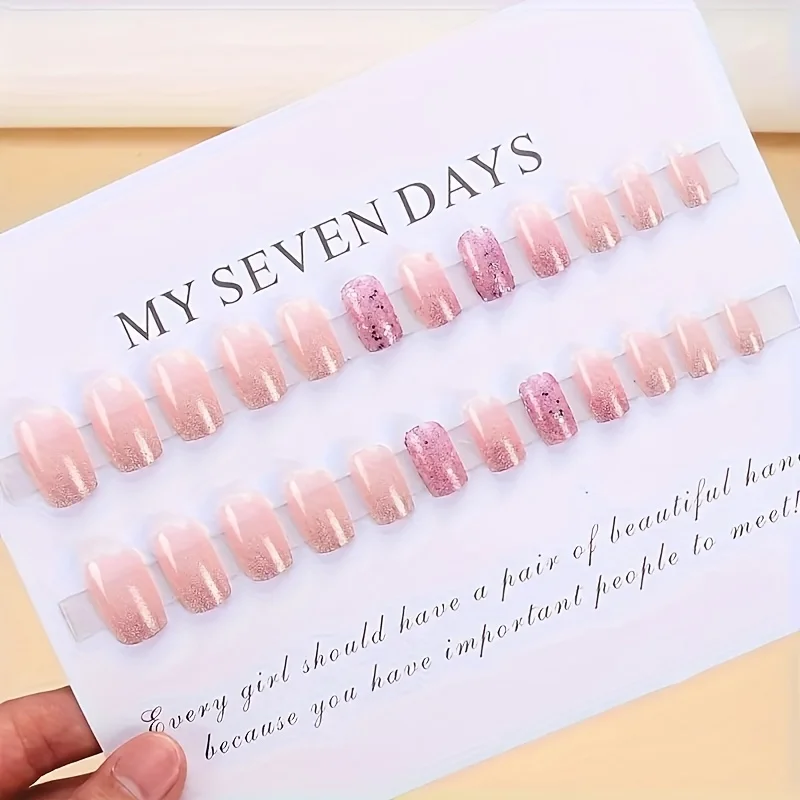 A Set of 24 Nail Stickers, Short Square Glitter Gradient, Pink, Removable Artificial Nails, for Nail - Detail 1