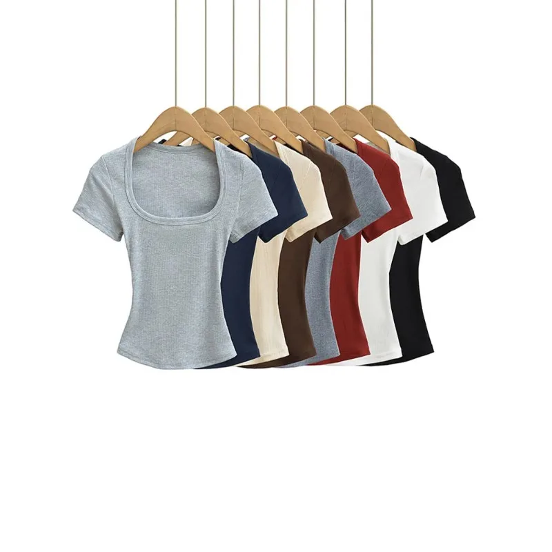 

Square Collar High Stretch Summer Crop Tops Women Short Sleeve Tops Sexy Pullover Bottoming Blouses Slim T-shirt